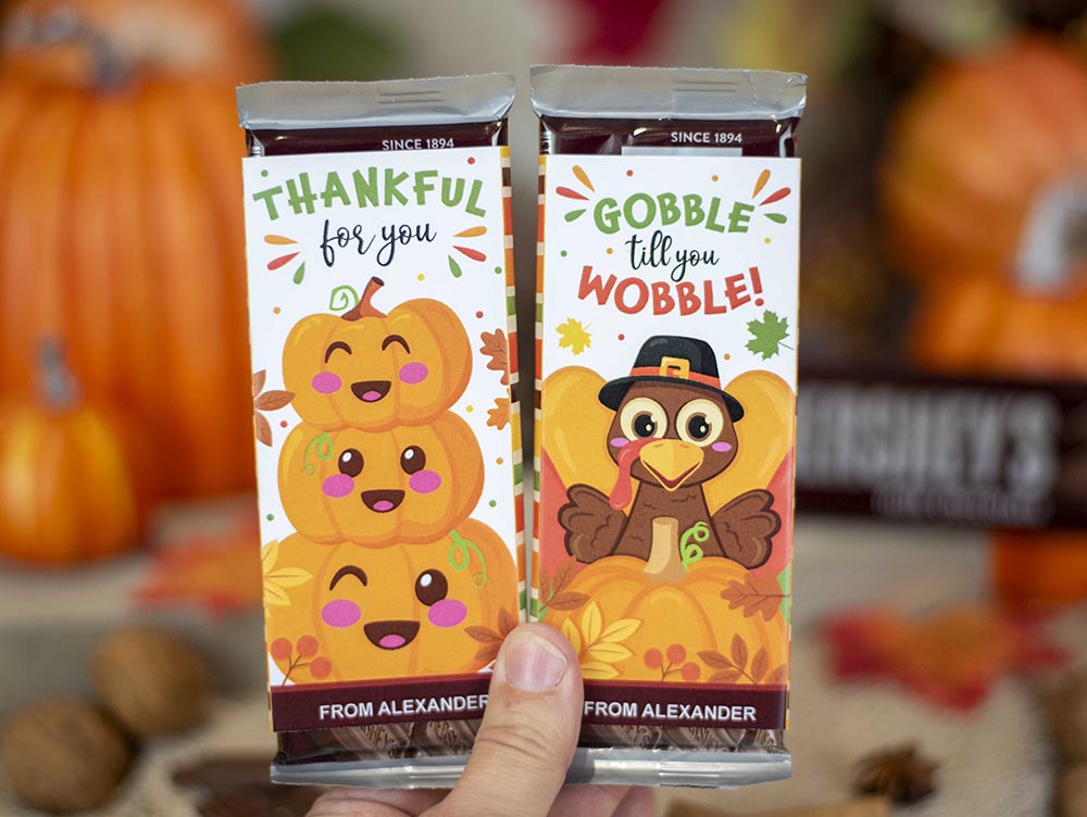 printable thanksgiving candy wrappers, turkey and pumpkin design